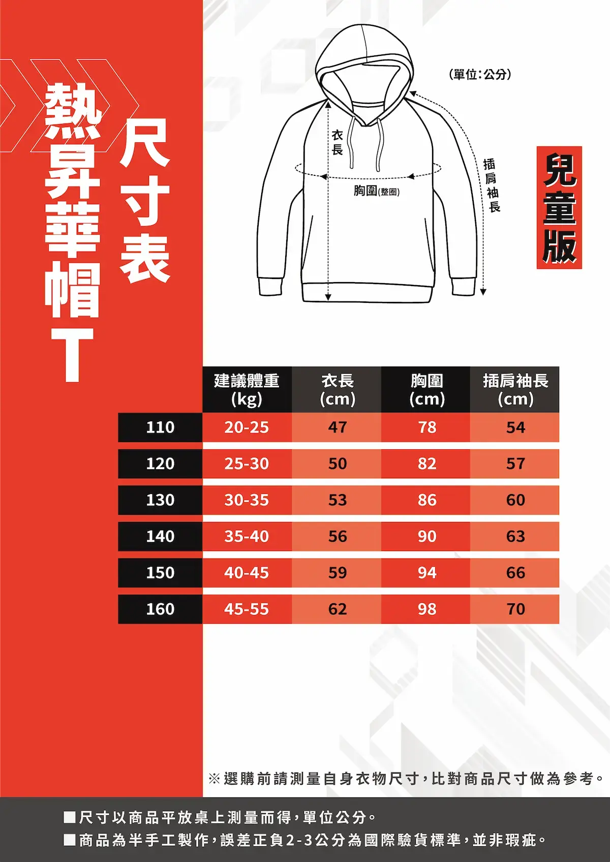 安新衣坊兒童熱昇華帽T尺寸表,提供身高110至160公分測量指南,包含體重建議與插肩袖長數據。