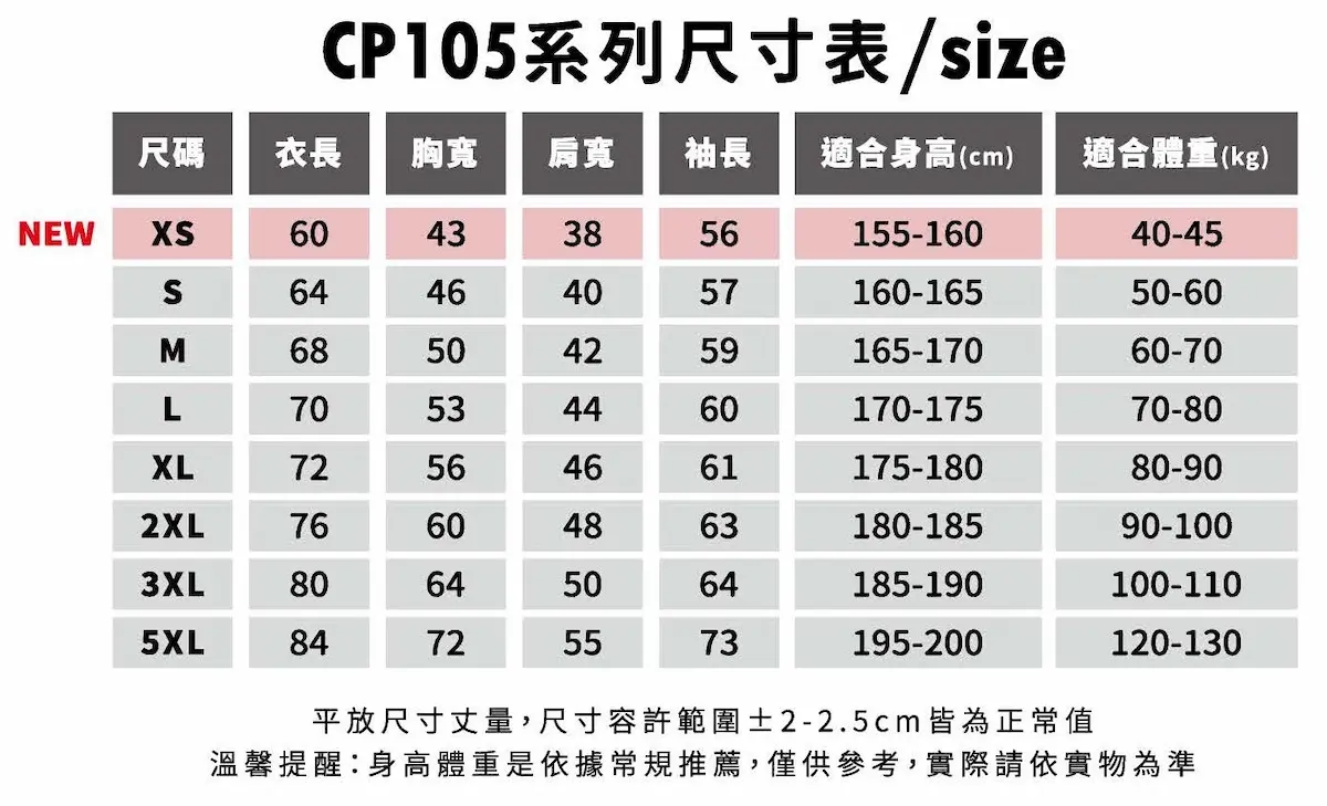 CP Sports CP105 長袖排汗 T 恤尺寸表:提供 XS 至 5XL 完整尺碼,包含衣長、胸寬、肩寬、袖長數值,並附有適合身高(155-200cm)與體重(40-130kg)對照建議。