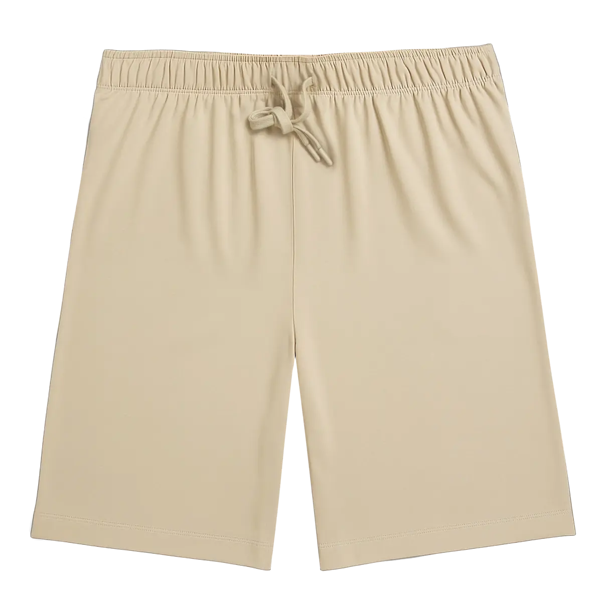 SR_SH2301 淺卡其重磅涼感短褲正面圖。展示杜邦 SORONA 植物再生纖維布料、鬆緊抽繩褲頭與俐落寬版剪裁。專業去背白底圖，呈現 230g/m² 挺拔不透點的高質感。