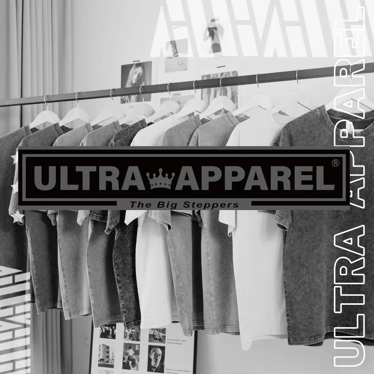 ULTRA APPAREL 品牌形象圖，展示一排掛在衣架上的獨特水洗工藝 T-Shirt，具備深淺不一的復古水洗色澤與質感紋理。