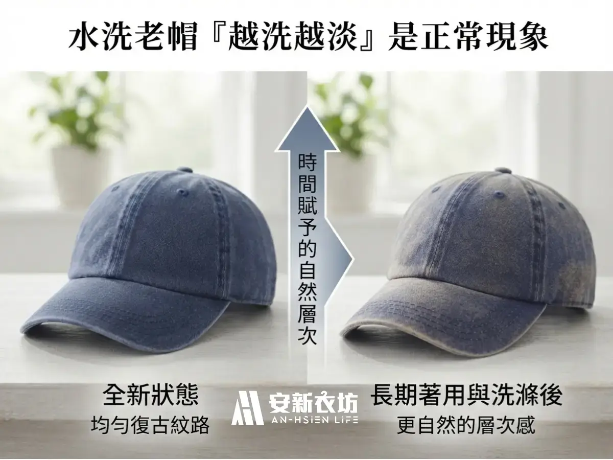 別亂刷!水洗老帽清洗必知的3個技巧 安新衣坊對比水洗老帽全新狀態與洗滌後的色澤變化,說明越洗越淡為特殊水洗塗層工藝展現自然層次感正常現象